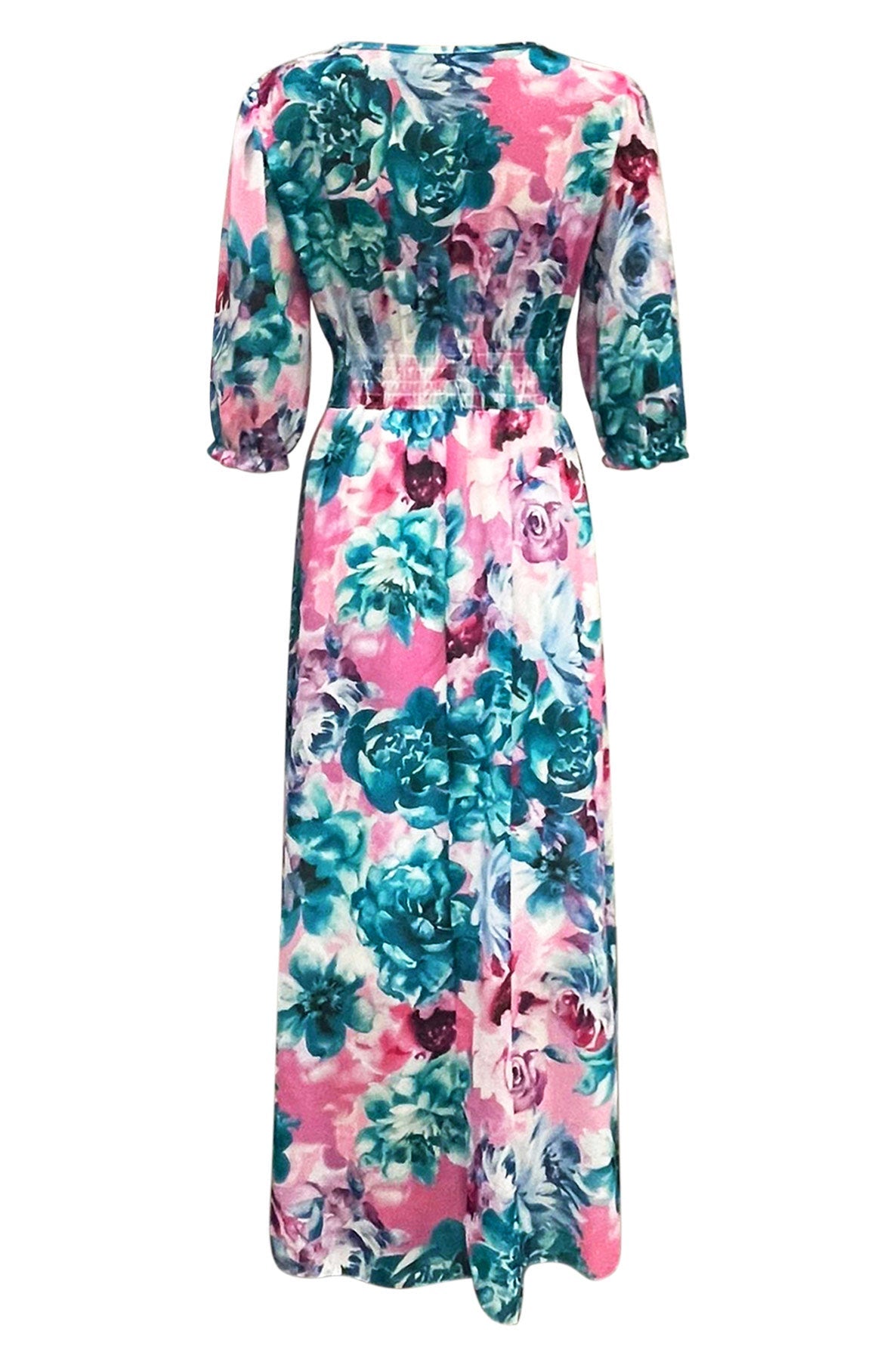 CHIFFON FLORAL MAXI DRESS- TEAL 3/4 LENGTH SLEEVE
