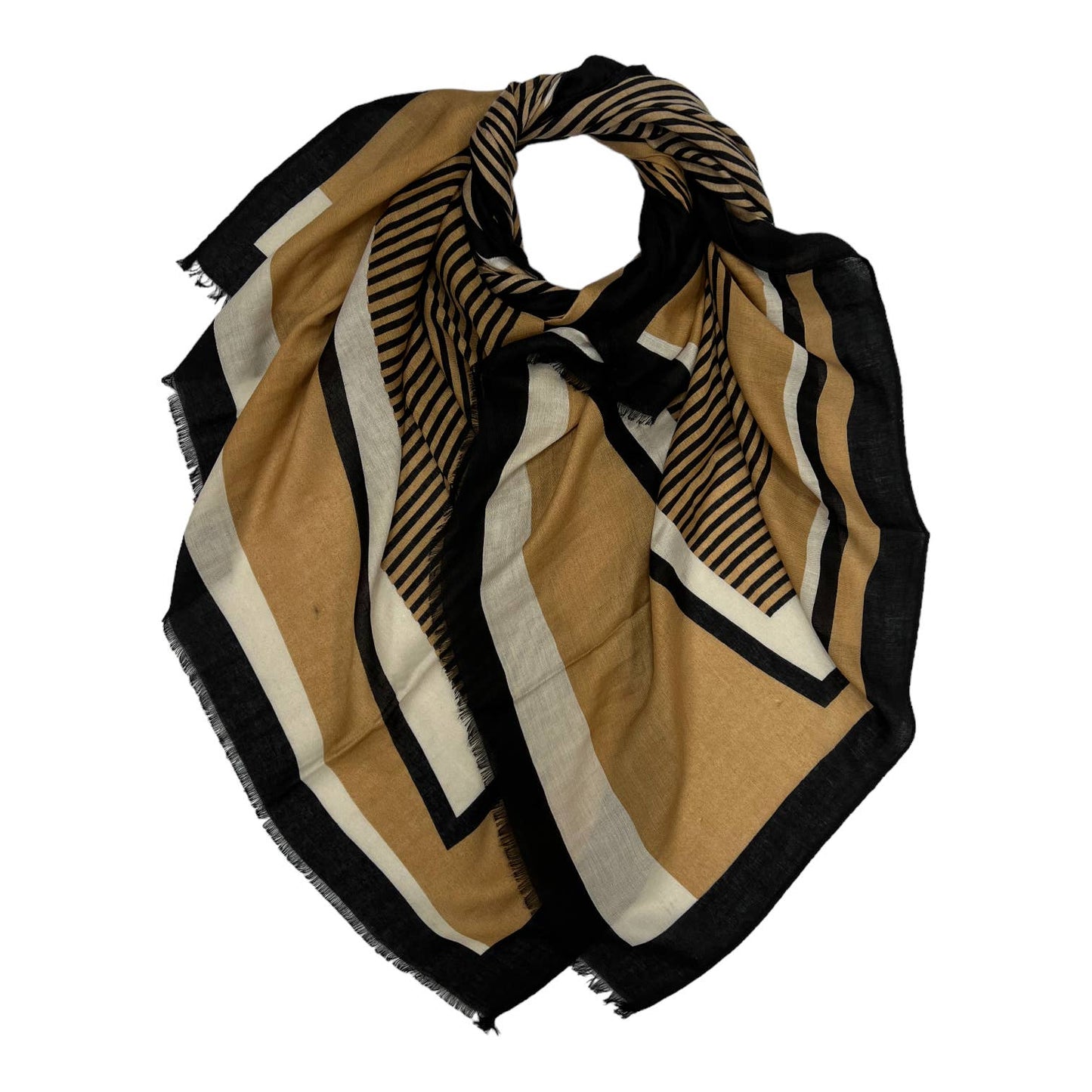 Vertical striped on printed scarf finished with fringes