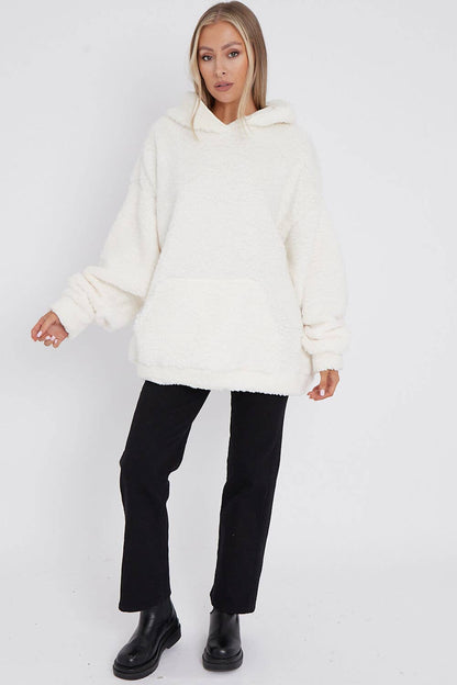 CREAM FLUFFY FRONT POCKET OVERSIZED TEDDY HOODIE