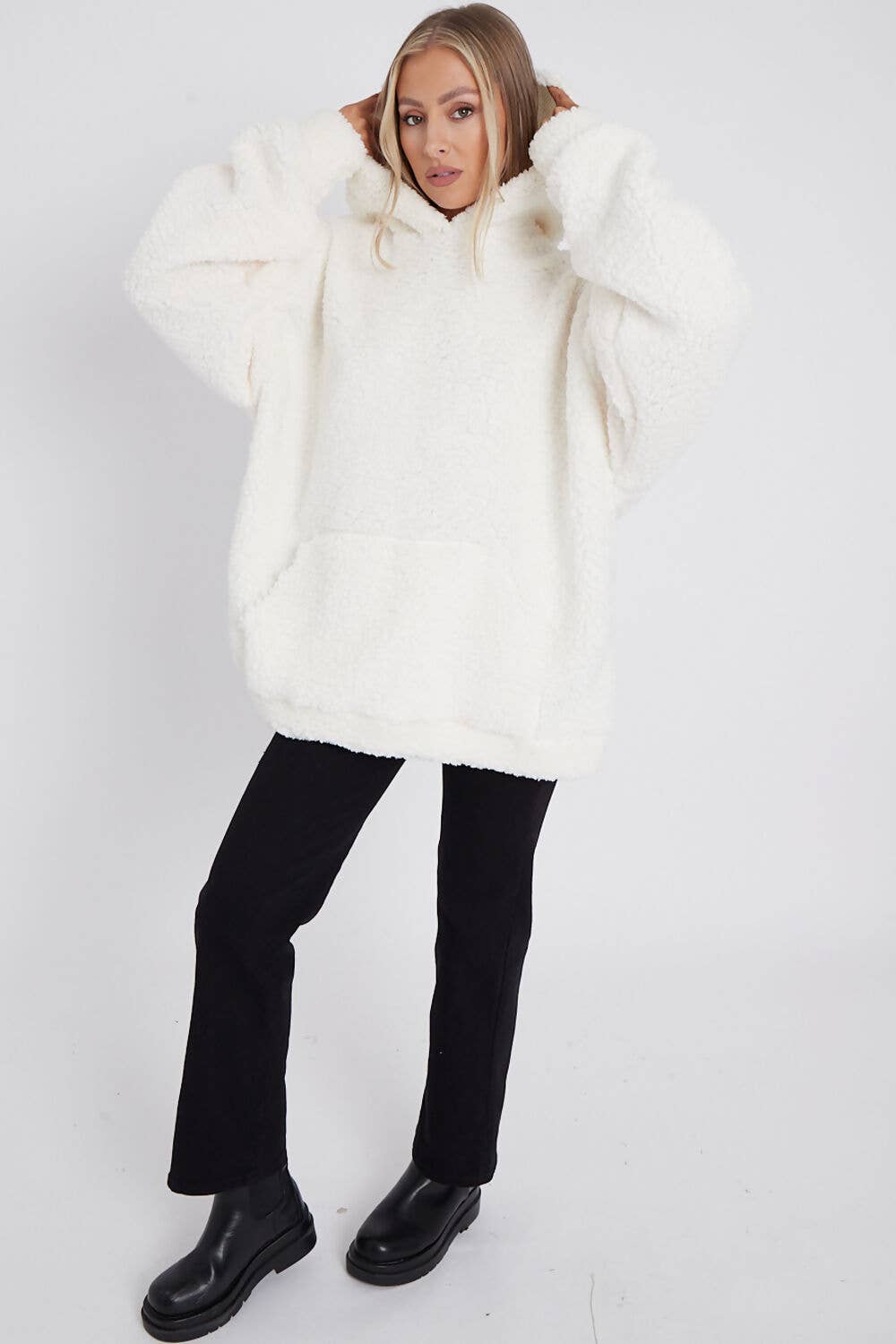 CREAM FLUFFY FRONT POCKET OVERSIZED TEDDY HOODIE