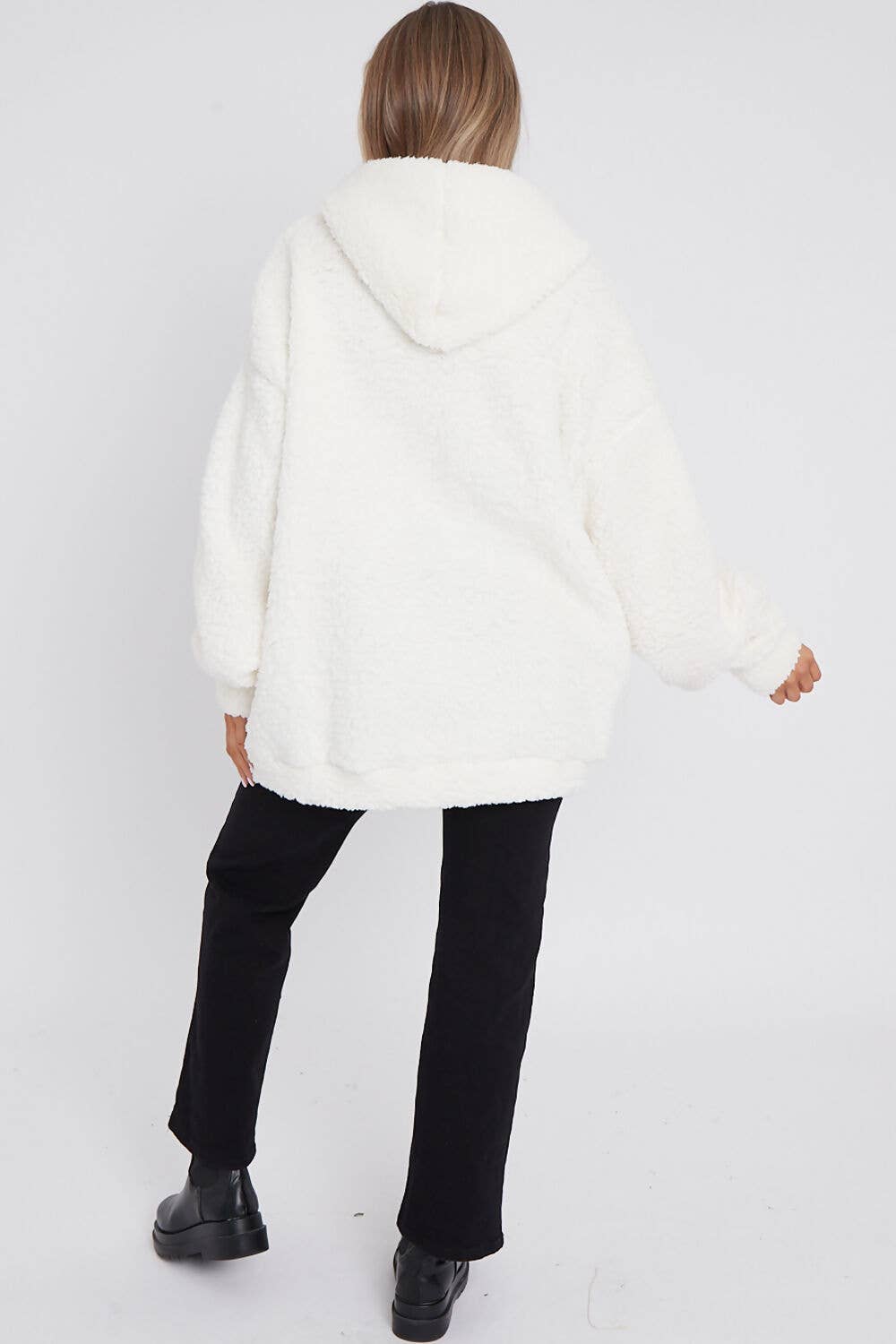 CREAM FLUFFY FRONT POCKET OVERSIZED TEDDY HOODIE