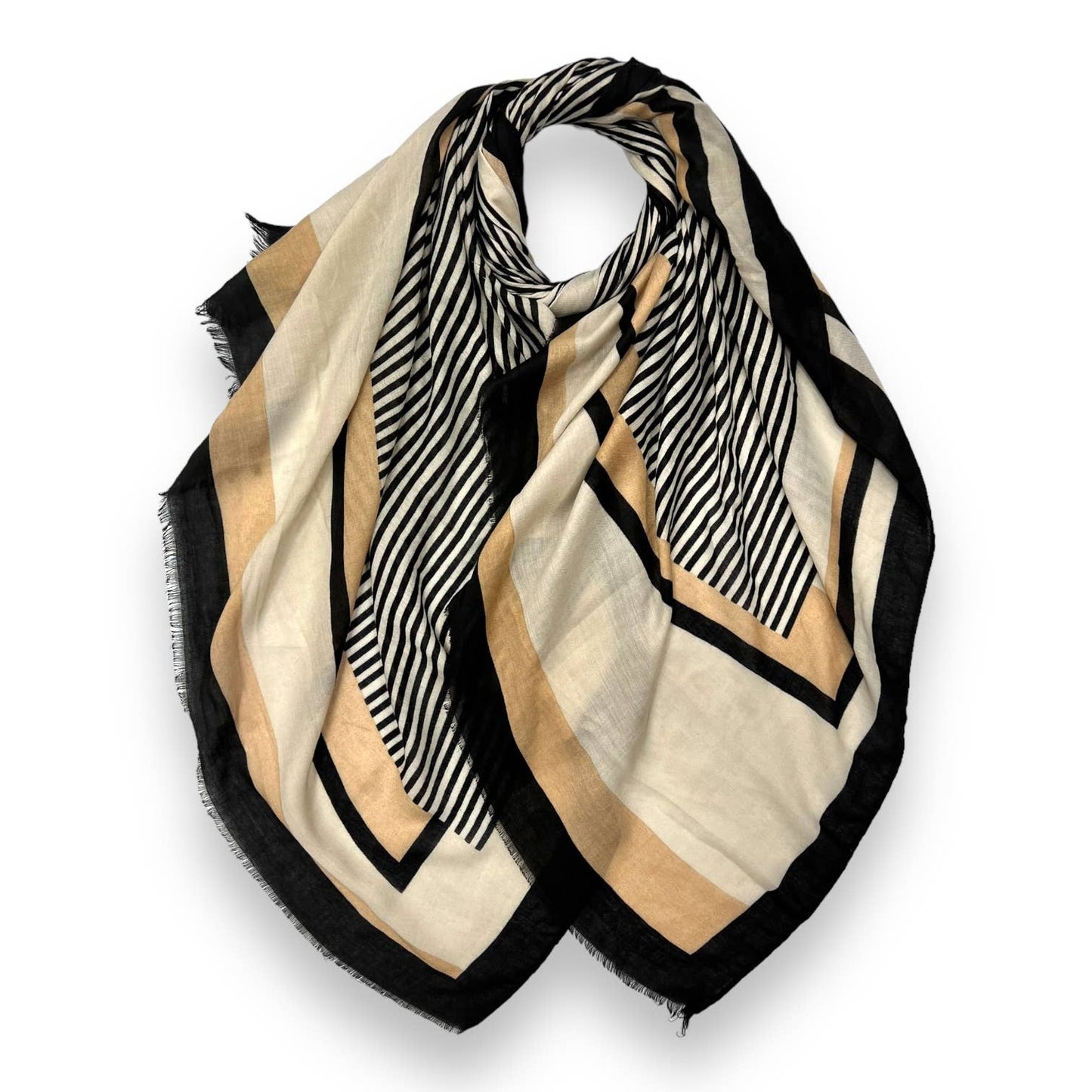 Vertical striped on printed scarf finished with fringes