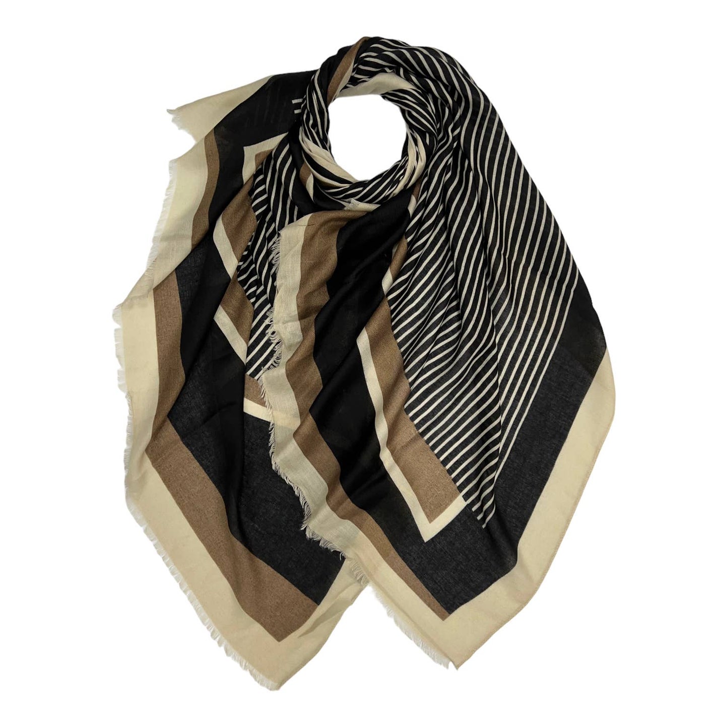 Vertical striped on printed scarf finished with fringes