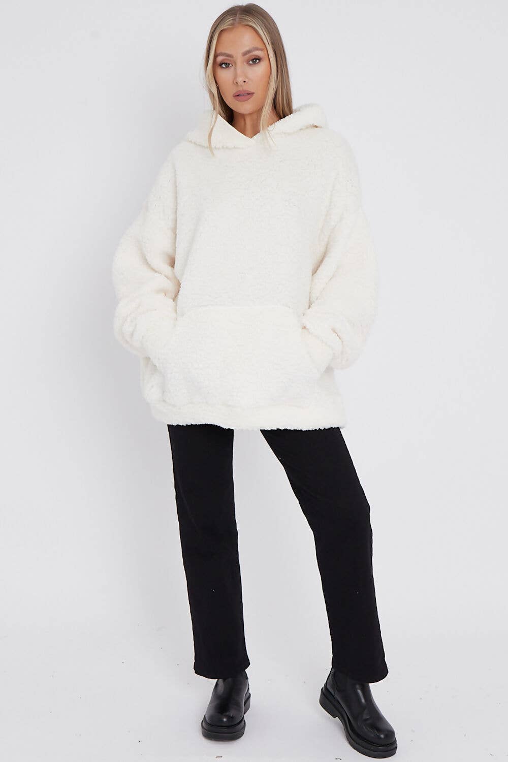 CREAM FLUFFY FRONT POCKET OVERSIZED TEDDY HOODIE