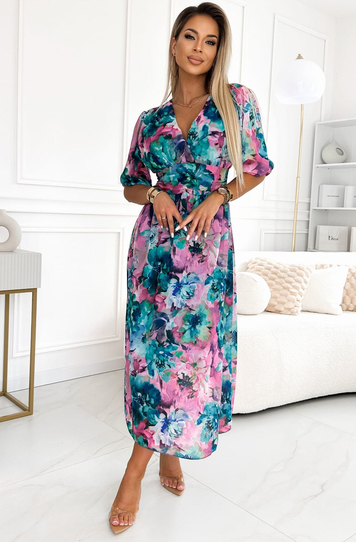 CHIFFON FLORAL MAXI DRESS- TEAL 3/4 LENGTH SLEEVE