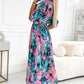 CHIFFON FLORAL MAXI DRESS- TEAL 3/4 LENGTH SLEEVE