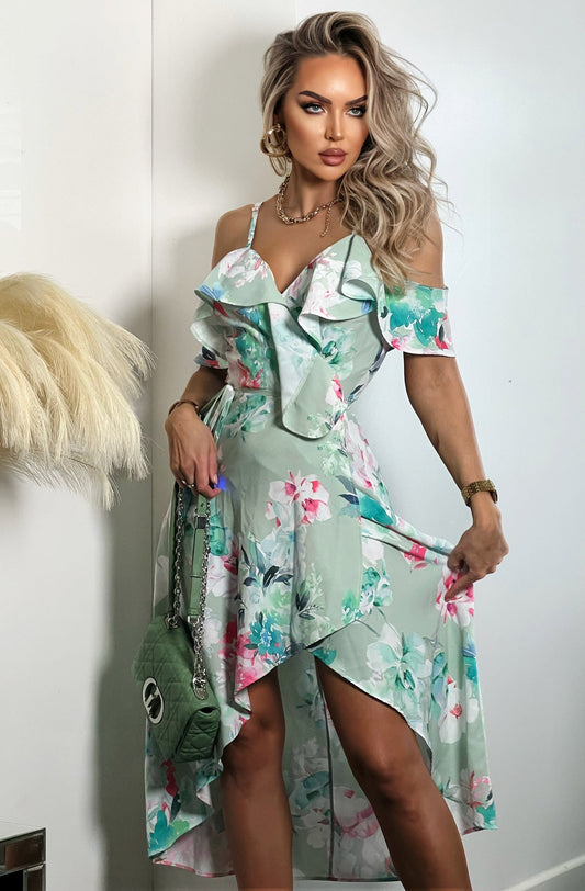 FLORAL FRILL WRAP ASYMMETRIC DRESS-SAGE