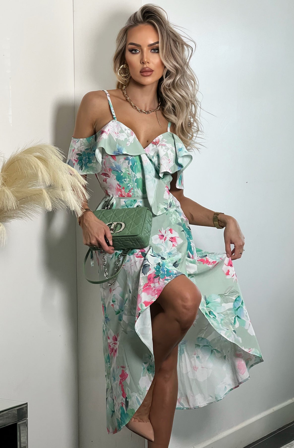 FLORAL FRILL WRAP ASYMMETRIC DRESS-SAGE