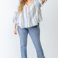 Plus Light Blue Stripe Print Cotton Button-up Flare Hem Top