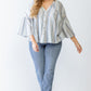 Plus Light Blue Stripe Print Cotton Button-up Flare Hem Top