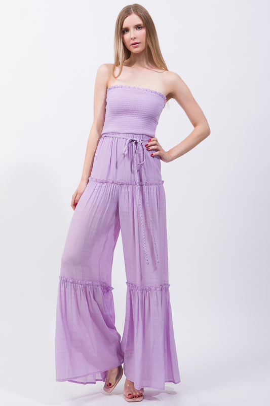 Woven Solid Sleeveless Smocked Ruffle Jumpsuit