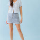 Light Blue Floral Embroidered Button-up Collared Neck Short Sleeve Top