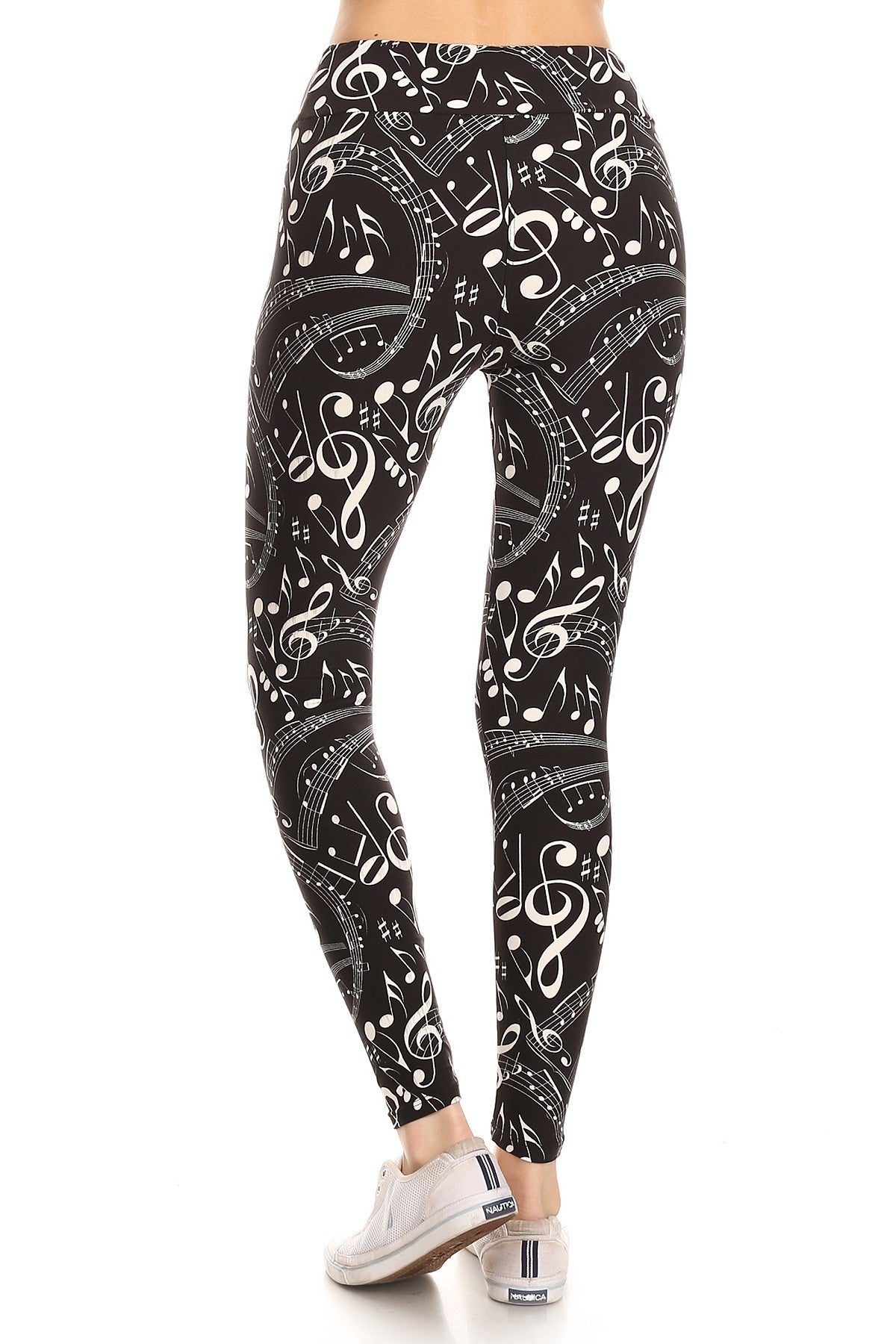 Yoga Style Banded Lined Music Note Print, Full Length Leggings In A Slim Fitting Style With A Banded High Waist