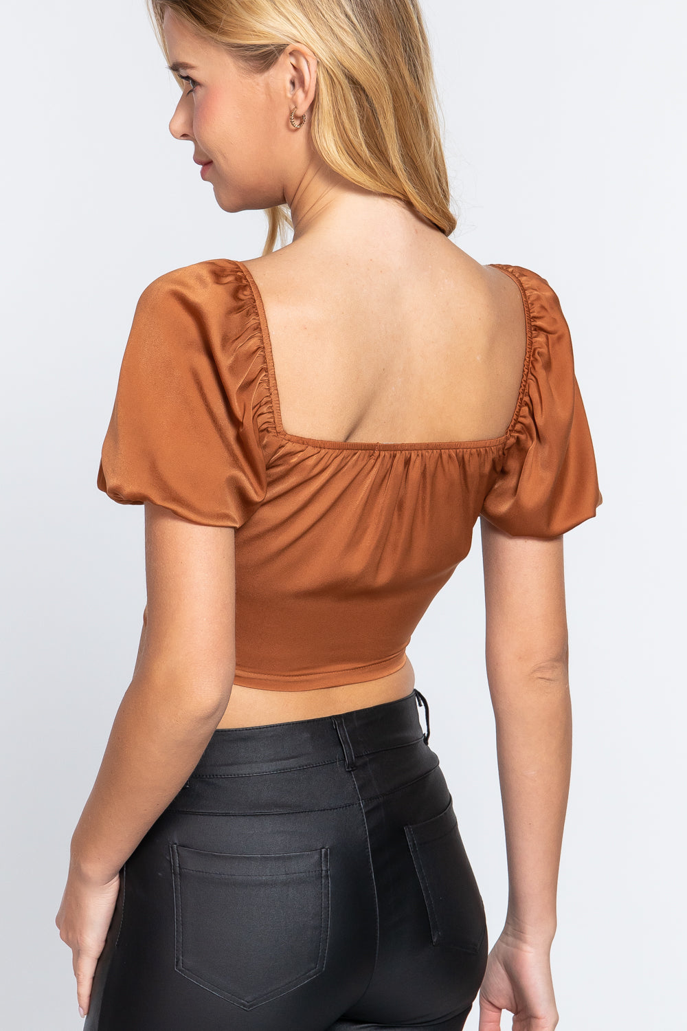 Short Slv Shirring Satin Crop Top