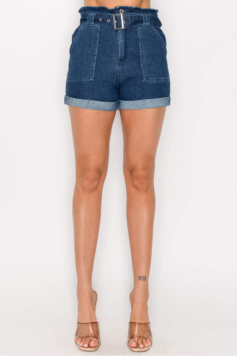 Belted Paperbag Denim Shorts