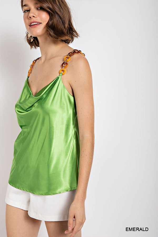 Cowl neck satin camisole with chain strap