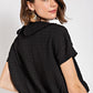 Peter pan collar textured knit button down top