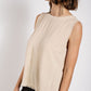 Sleeveless back button closure frayed top